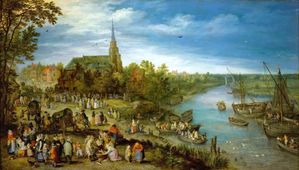 Dorpsbeurs in Schelle, 1614. Schelle ligt aan de rechteroever van de Schelde ten Zuiden van Antwerpen. Gezien de datering is het opvallend dat de binnenschepen geen zijzwaarden hebben en dat er ook geen gaffelzeilen zijn zoals in de noordelijke Nederlanden inmiddels gebruikelijk was geworden.