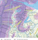 Ontginningen in zuidelijk en oostelijk Amstelland. Door detailanalyse van ontginningsvolgorde en ontginningsrichting (de zwarte pijlen) wordt duidelijk waar in het zacht golvende, nog onontgonnen veenlandschap de waterscheidingen tussen de veenrivieren en afwateringen lagen. Anders dan tegenwoordig torenden de veenruggen vele meters boven de zeespiegel uit.