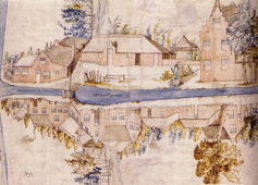 Gouwsluis in 1561. Weergegeven is de actuele situatie bij Gouwsluis, waar de Gouwe aansluit op de Oude Rijn, vermoedelijk getekend in verband met bestuurlijke behandeling van plannen tot verandering waarbij scheepvaartbelangen in het geding waren. Als de tekenaar wilde aantonen hoe hinderlijk smal en laag de doorgang was, dan werkt dat ook vijf eeuwen later nog overtuigend. Dit was een van de belangrijkste vaarwegen door Holland. Een jaar later werd de sluis vervangen, maar vrijwel met dezelfde maten. Al vanaf 1284 vormde de sluis een doorn in het oog van de schippers.