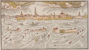 Allerheiligenvloed in het Scheldegebied, 1570. Op 1 november 1570 werden de Nederlandse en Vlaamse Kust geteisterd door een watersnood, de Allerheiligenvloed of Allerzielenvloed. In Friesland en Groningen verdronken zoveel mensen dat men hen niet behoorlijk kon begraven. Langs de Schelde bracht de stormvloed grote ravage aan, zoals Moser hier laat zien. Bij Veere en Middelburg braken de dijken. Reimerswaal werd overspoeld. De polders bij Bergen op Zoom liepen onder water. Het Verdronken Land van Saaftinge werd niet meer op de zee teruggewonnen, zoals dat na de Sint-Clemensvloed van 1334 nog wel was gebeurd.