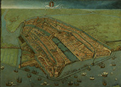 Gezicht op Amsterdam. Duidelijk te zien is dat aan oostzijde van de stad, links op het schilderij, een havenkwartier is ontstaan voor scheepsbouw en scheepsberging. Het schilderij is in circa 1538 vervaardigd door Cornelis Anthonisz, in opdracht van het stadsbestuur.
