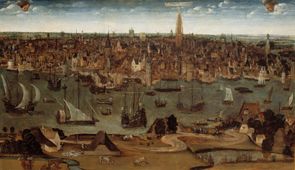 Antwerpen aan de Schelde. Havengezicht met de <em>Salvator II</em> van Dierick van Paesschen. Onder de naam <em>Jhesus</em> nam het schip deel aan bescherming van de haringvloot in 1521. Het gaat om het schip op de voorgrond.