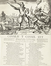 Spotprent op de Franse verliezen bij Kaap la Hogue, 1692. Spotprent op het verbranden van de Franse schepen door de Nederlanders en Engelsen na de overwinning bij de Slag bij Kaap la Hogue in het Kanaal, 1692. De Nederlandse matroos zwaait met een bezem en een mes, aan zijn voeten een smekende Fransman.