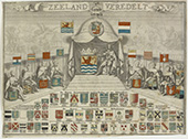 Zeeland Veredelt: de machthebbers van Zeeland. Willem III van Oranje, stadhouder (1672-1702), zit onder een baldakijn met naast hem het wapen van Zeeland en aan weerszijden de vertegenwoordigers van de zeven Zeeuwse steden en de representant van de Eerste Edele, de stadhouder. Op de voorgrond, bovenste rij, de wapens van Gecommiteerde Raden van Zeeland, tevens Raden ter Admiraliteit.