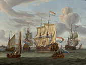 Matrozen in het want. In het want is een aantal matrozen te zien. Het retourschip <em>Pieter en Paul</em>, hier afgebeeld tijdens de proefvaart op het IJ, werd gebouwd op de VOC-werf in Amsterdam. Czaar Peter de Grote werkte mee aan de bouw, de naam van het schip was een eerbetoon aan hem.