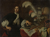 Aucke Stellingwerff (1635-1665), admiraal. Postuum portret van Aucke Stellingwerff, admiraal van de Admiraliteit van Friesland, gesneuveld in 1665 bij Lowestoft door een kanonskogel. Die fatale kogel ligt voor hem op tafel. Verder liggen daar allerlei attributen van een hoge officier: een helm met pluimen, een commandostaf, geldstukken, sieraden en een globe.