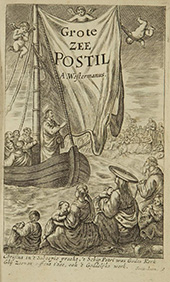 Religie aan boord. De ‘Grote Zee Postil’ is een afbeelding uit het boek van predikant A. Westerman, <em>Groote Christelijke Zeevaert</em> (Amsterdam 1653). De bundel bevat preken, gezangen en gebeden die aan boord konden worden gebruikt bij godsdienstoefeningen. Op de prent is Christus afgebeeld, prekend vanuit een vissersschip op het Meer van Galilea.