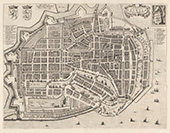 Enkhuizen. Op de plattegrond is onderaan de ruime Pietershaven te zien, met rechts het Admiraliteitsmagazijn en daarvoor de ligplaats voor oorlogsschepen, achter een palenrij. Op deze plaats is tegenwoordig het treinstation