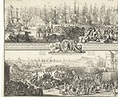 Tocht van Willem III naar Engeland, 1688. De bovenste afbeelding toont het vertrek van stadhouder Willem III vanuit Hellevoetsluis, om in Engeland de troon op te eisen, 11 november 1688. Onder: de aankomst van de vloot in Torbay (Zuid Engeland), 15 en 16 november 1688. Op de voorgrond gaat Willem aan land.