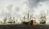 De heroverde <em>Unity</em> op sleeptouw in de Medway, 1667. De Engelse vlag hangt vanaf het achterdek naar beneden, ten teken dat de rollen zijn omgedraaid. De <em>Unity</em> werd net als de <em>Royal Charles</em> buitgemaakt bij Chatham. Het schip was eerder veroverd door de Engelsen, die de oorspronkelijke naam <em>Eendracht</em> vertaalden in <em>Unity</em>.