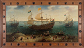 Viermaster. De Amsterdamse viermaster <em>Hollandse Tuin</em> en andere schepen op een onbekende rede. In 1603 zeilde Paulus van Caerden naar Brazilië en West-Indië om de vijand afbreuk te doen en keerde twee jaar later terug. Hij is waarschijnlijk de man die op het strand wordt verwelkomd door een aantal hoogwaardigheidsbekleders.