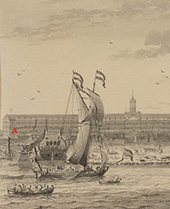 Scheepbouw op de VOC-werf in Amsterdam. Op dit detail van een tekening van de VOC-werf in Amsterdam is te zien dat het vlak en een deel van de huid zijn aangebracht, zonder inhouten (zie A). Voor meer details zie de webpagina van het Fitzwilliam Museum, URL: https://data.fitzmuseum.cam.ac.uk/id/object/4198