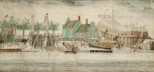 Scheepstimmerwerf van Jacob Lam. De scheepstimmerwerf van Jacob Lam op het Kattegat (thans het Eiland) te Oostzaandam, 1786. Bij het linker hol kijken we naar binnen tegen het vlak aan. Duidelijk zichtbaar zijn de tijdelijke boeiklampen van vlakbouw. Rechts een grote koopvaarder in aanbouw.