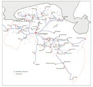 Vaarroutes van trekveren en dorpsschepen in de provincie Groningen. De vaarroutes geven de situatie weer in de negentiende eeuw, maar het grootste deel van het netwerk van beurtvaartverbindingen op deze kaart kwam tot stand in de zeventiende en achttiende eeuw.