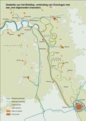 Het Reitdiep. Kanalisering van het Reitdiep tussen de stad Groningen en de Lauwerszeemonding (situatie rond 1870). Duidelijk te zien zijn de afgesneden meanders. De kanalisering vond grotendeels in de zeventiende en achttiende eeuw plaats.