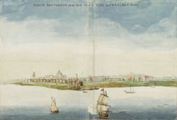 Gezicht op New York (Nieuw Amsterdam). De aanduiding van de Engelse naam New York geeft aan dat dit een voorstelling van het stadje op Manhattan is van kort na de geweldloze overname door de Engelsen.