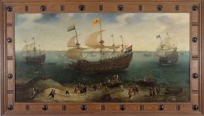 Thuiskomst van de Amsterdamse viermaster <em>De Hollandtsche Tuyn</em>. De Amsterdamse viermaster <em>De Hollandtsche Tuyn</em> en andere schepen na terugkeer uit Brazilië onder bevel van Paulus van Caerden (mei 1605). De compositie is nagenoeg identiek aan het schilderij van de thuiskomst van de <em>Tweede Schipvaert</em>, zes jaar eerder. De overeenkomst zou bewust door Vroom kunnen zijn aangebracht, om te appelleren aan het succes van de voorcompagnieën en de in 1602 opgerichte VOC.