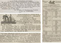 Advertenties van stoombootmaatschappijen in de kranten. Met advertenties in de dagbladen werd het publiek op de hoogte gehouden van aankomst- en vertrektijden van de schepen. Want ook voor de stoomschepen gold dat door de weersomstandigheden van regelmaat vaak weinig sprake was. Op 10 augustus 1825 vertrok het tot Onderneming omgevlagde Engelse stoomschip Monarch van de Amsterdamsche Stoomboot Maatschappij (ASM) voor de eerste Nederlandse overzeese stoomvaartlijndienst Amsterdam-Hamburg.