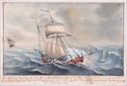 Kofschip <em>Sara Jacoba</em> op de Noordzee. De <em>Sara Jacoba</em> zeilt met op 2 december 1829 met gaffelgrootzeil en marszeil in stormachtig weer bij de Doggersbank op de Noordzee. In het water ligt een drenkeling. Het is hetzelfde schip dat eerder, op 8 oktober Elseneur passeerde richting Koningsbergen (Kaliningrad). 