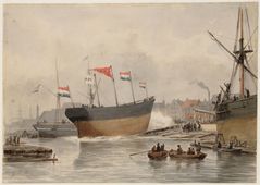 Werf Concordia van de firma Meursing & Huygens. Gezicht vanaf de Wittenburgervaart op de stapelloop op 11 januari 1873 van het fregatschip <em>Amsterdam</em> dat op de werf Concordia van de firma Meursing & Huygens gebouwd werd voor het handelshuis Van Eeghen & Co. De werf lag op Oostenburg, Amsterdam.