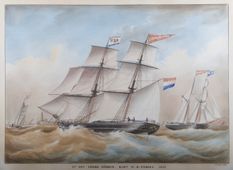 Scheepsportret van de brik <em>Luitenant Admiraal Tjerk Hiddes</em>. Het nummer H20 in de vlag verwijst naar het College Zeemans Voorzorg in Harlingen en kapitein Oepke Sikkes Parma die van 1850-1856 lid was. Rechts de schoener <em>Caspar de Robles</em> en links de loodsboot <em>Texel 3</em>.