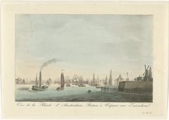 Haven van Amsterdam. Gezicht op de haven van Amsterdam met links op de voorgrond de raderstoomboot <em>Mercurius</em> van de Amsterdamse Stoomboot Maatschappij.