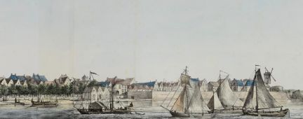 Stoomsleepvaart op de Waal bij Nijmegen. Een stoomsleepboot met enige zeilschepen op sleep op de Waal bij Nijmegen, circa 1849. De stoomsleepvaart op de grote rivieren naar Duitsland begon in 1832. In de beginfase trokken de sleepboten zeilschepen. Later werden speciale vrachtschepen zonder zeilen, de zogenaamde sleepschepen, gebruikt. Hier is goed te zien dat de eerste sleepboten door schepraderen werden aangedreven.