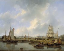 De Willemssluis bij Amsterdam. De Willemssluis gaf sinds 1824 vanaf het IJ toegang tot het Noord-Hollands Kanaal, de grote zeevaartweg van Amsterdam naar de Noordzee bij Den Helder. Rechts op de achtergrond is een zeeschip, een grote Oost-Indiëvaarder, de sluis zojuist bij zwakke zeewind gepasseerd. Links daarvan wordt een groot oorlogsschip onder vol tuig bij zwakke tegenwind de sluis ingetrokken. Op de voorgrond druk verkeer met vissersschepen en binnenvaartuigen.