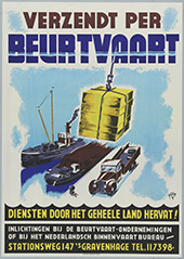 Affiche om de beurtvaart te propageren, 1945-1946. Dit affiche verscheen direct na de oorlog, toen alle bestemmingen weer bereikbaar waren. In die periode kon de beurtvaart op wat langere afstanden nog goed met de vrachtwagen concurreren, temeer omdat het wegvervoer in de oorlogsjaren door een brandstoffentekort grotendeels was stopgezet. Na de oorlog nam het wegvervoer de functie van de beurtvaart snel over. Tussen 1950 en 1970 verdween de beurtvaart van de Nederlandse vaarwegen.