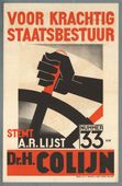 Verkiezingsaffiche ARP, 1933. In de stijl van de Nieuwe Zakelijkheid borduurt de ARP voor de Tweede Kamerverkiezingen van 1933 voort op het thema van de sterke stuurman die het schip van staat door roerige tijden loodst. Vanwege muiterij op <em>De Zeven Provinciën</em> staat de kwestie van de gezagshandhaving hoog op de agenda.